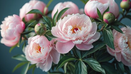 Wall Mural - Peony flowers bouquet with buds and green leaves on blue background, floral arrangement with soft pink petals, Copy Space