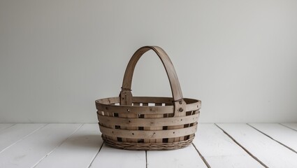 Wall Mural - Wooden woven basket on a light wooden surface with a plain background and ample copy space for text placement