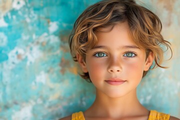 young child with curly hair poses against a textured turquoise wall highlighting cheerful innocence 