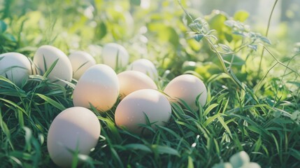 Wall Mural - Pastel Easter eggs in Fresh Green Grass. Instgram Style.