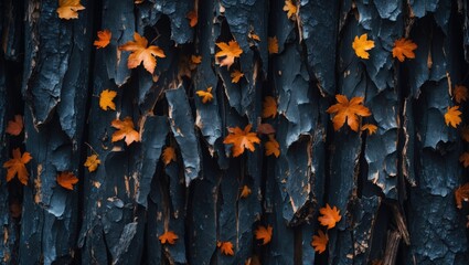 Wall Mural - Autumn leaves on dark textured bark background natural composition with copy space for text