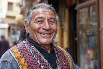 Smiling elder man in traditional attire in a bustling marketplace with vibrant atmosphere during the day