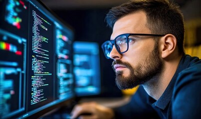 A hacker wears glasses and focuses intently on a computer screen in the pitch darkness