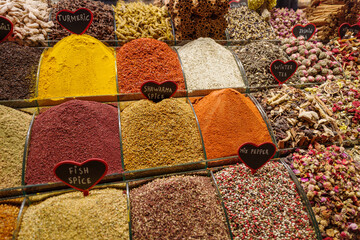 Spices on sale at the Spice Bazaar, a covered market in Istanbul