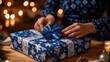 © Ceyhun - A person wrapping a gift in blue and white Hanukkah-themed paper
