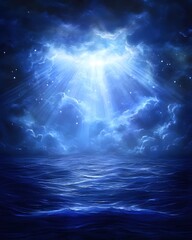 Wall Mural - Ethereal Blue Ocean Landscape with Dramatic Clouds and Sunrays Shining from the Heavens