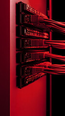 Wall Mural - an abstract - focused image of an ethernet cable being plugged into a server rack vertical - red bac