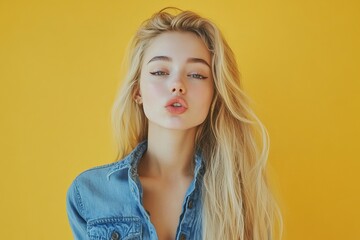 Wall Mural - A beautiful woman with long blonde hair pouts her lips, looking to the side against an isolated yellow background. Portrait of a funny girl making a grimace face. 