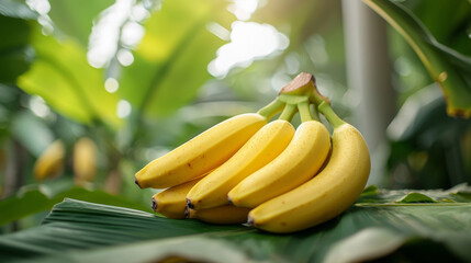 Wall Mural - bunch of ripe bananas rests on lush tropical leaves, bathed in sunlight