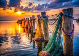 Wall Mural - Tranquil Dusk: Fishing Nets Hanging by the Water - Minimalist Maritime Scene