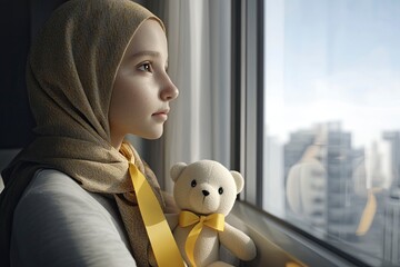 Wall Mural - A cancer patient wearing a yellow ribbon holds a stuffed toy near a window. The girl is wearing a headscarf and looking out the hospital room's glass wall. She has cancer in her left arm.