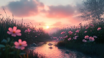 Sticker - Serene sunset stream pink flowers peaceful scene