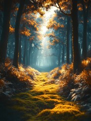 Wall Mural - Golden sunlight illuminates mossy path through autumn forest.