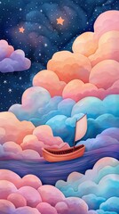 A serene boat drifting through colorful clouds under a starry night sky.