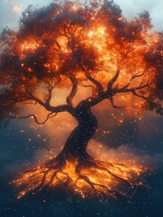 Poster - Fiery tree ablaze magical roots glowing embers