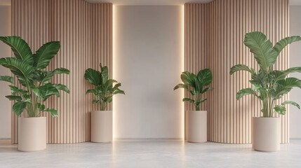 Wall Mural - Interior space featuring plants in pots against a wooden slat wall and illuminated recess, creating a serene ambiance.