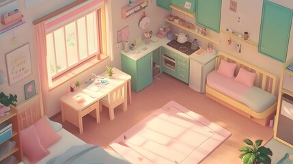 Wall Mural - Cozy and bright kitchen and living area with pastel decor, sunlight streaming through the window