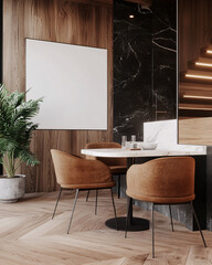 Wall Mural - Cozy dining nook with brown chairs, marble table, patterned floors, and contrasting wood and stone walls.