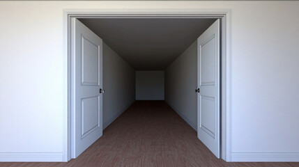 Wall Mural - Open doors reveal a long, dim room with a wood floor and a distant, shadowed back wall.