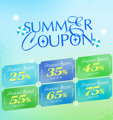 Wall Mural - Summer coupons set icon with barcode, percent price off, isolated on background. Pack of summer gift voucher. Coupon book in vector illustration. Vector illustration