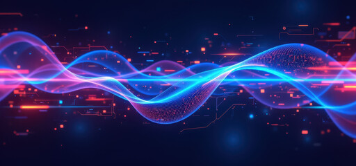 A digital graphic representing concepts related to DevOps, software development, and cloud computing with a dynamic wave of colors.