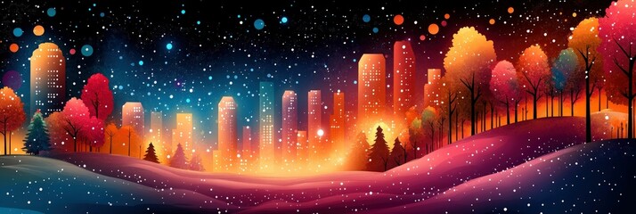 Sticker - Snowy city skyline winter wonderland vibrant hues