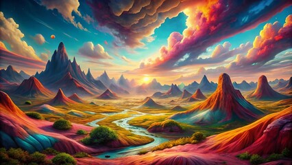 Wall Mural - Vibrant Surreal Landscape: Textured Hills and Dreamlike Sky