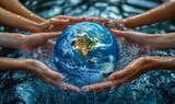 Group of people holding hands around a globe submerged in water, highlighting global cooperation for water conservation, World Water Day concept, Generative AI