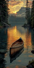 Wall Mural - Serene sunset canoe lake mountain scene