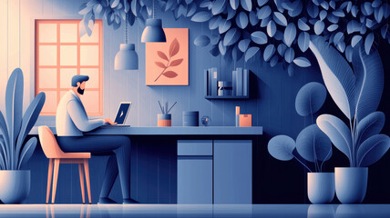 Wall Mural - man working on laptop in modern home office with plants