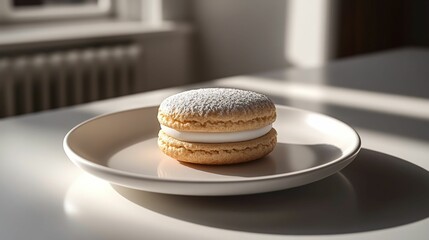 Sticker - Delicate powdered macaron, creamy filling, sunlight.