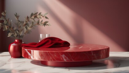 Wall Mural - Table in an empty studio room. red marble podium for product. Mockup table or podium.