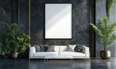 Canvas Print - Contemporary interior design featuring a snug living room with a blue textured wall background. 3D rendering