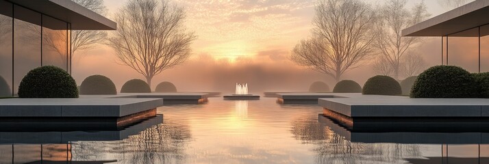 Sticker - Serene sunrise reflecting in minimalist water feature