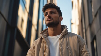 Wall Mural - Young Mediterranean man in casual wear against urban architecture. Suitable for urban fashion, lifestyle blogging, or modern menswear campaigns.