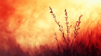 Wall Mural - Silhouette of Wildflowers against a Fiery Sunset Sky, Embracing Nature s Dramatic Beauty