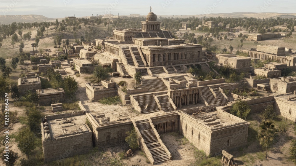 Ancient Desert City Aerial View Temple complex dominates, surrounding ...