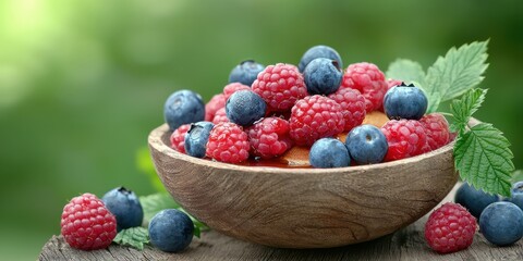 Wall Mural - A vibrant bowl of mixed berries, featuring juicy raspberries and blueberries, set against a lush green background.