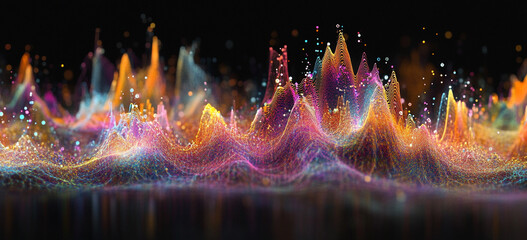 A colorful abstract landscape of interconnected points forms undulating hills and valleys, creating a mesmerizing three dimensional visualization.