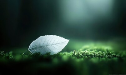 Wall Mural - Single white leaf on moss, forest floor, sunlight, nature serenity, desktop background