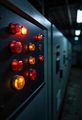 Industrial emergency generator control panel in dim basement, vigilance