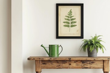 Wall Mural - This stylish Scandinavian space features a wooden console, mock-up poster frame, beautiful plants, and a sprinkler, all of which contribute to a modern composition of home interior