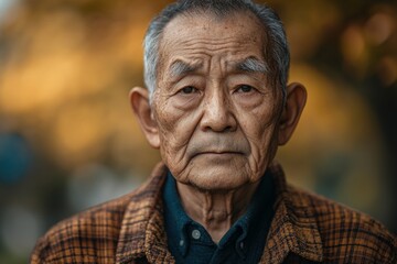 Elderly man with weathered face stands still amidst autumn foliage in a park setting