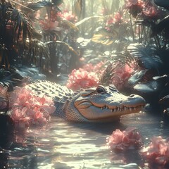 Wall Mural - Serene alligator rests in pink flower swamp