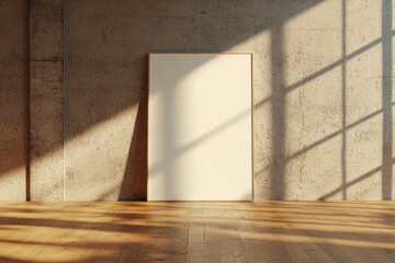 Wall Mural - A blank white rectangular poster or business card mockup is set against a soft grey concrete background with the shadows of palm leaves, shown in a flat lay from a top view