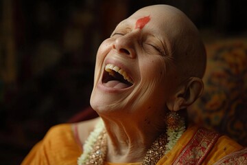 Elderly woman laughing joyfully while wearing traditional clothing and decorative jewelry at a cultural celebration