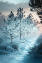 Poster - Frozen trees line snowy path, tranquil winter scene.