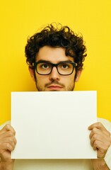 Poster - A closeup view of a man grasping a white blank poster positioned on a yellow background, intended for design mockup use