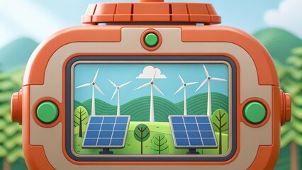 Clean energy display on a device showing solar panels and wind turbines. The device is orange and has green buttons