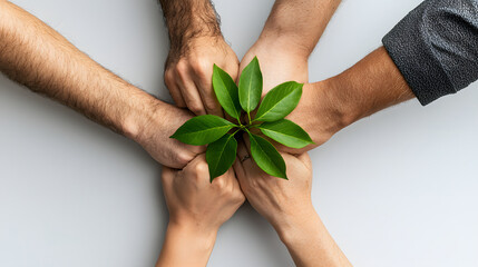 Hands of diverse individuals coming together around green plant, symbolizing teamwork and collaboration for sustainable future